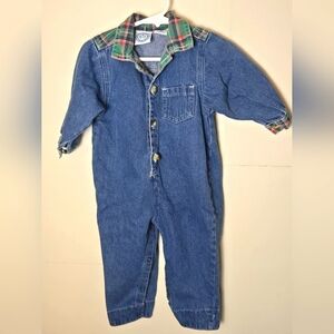 Vintage CC Baby Denim & Plaid Button Up One Piece, Size 18 Months